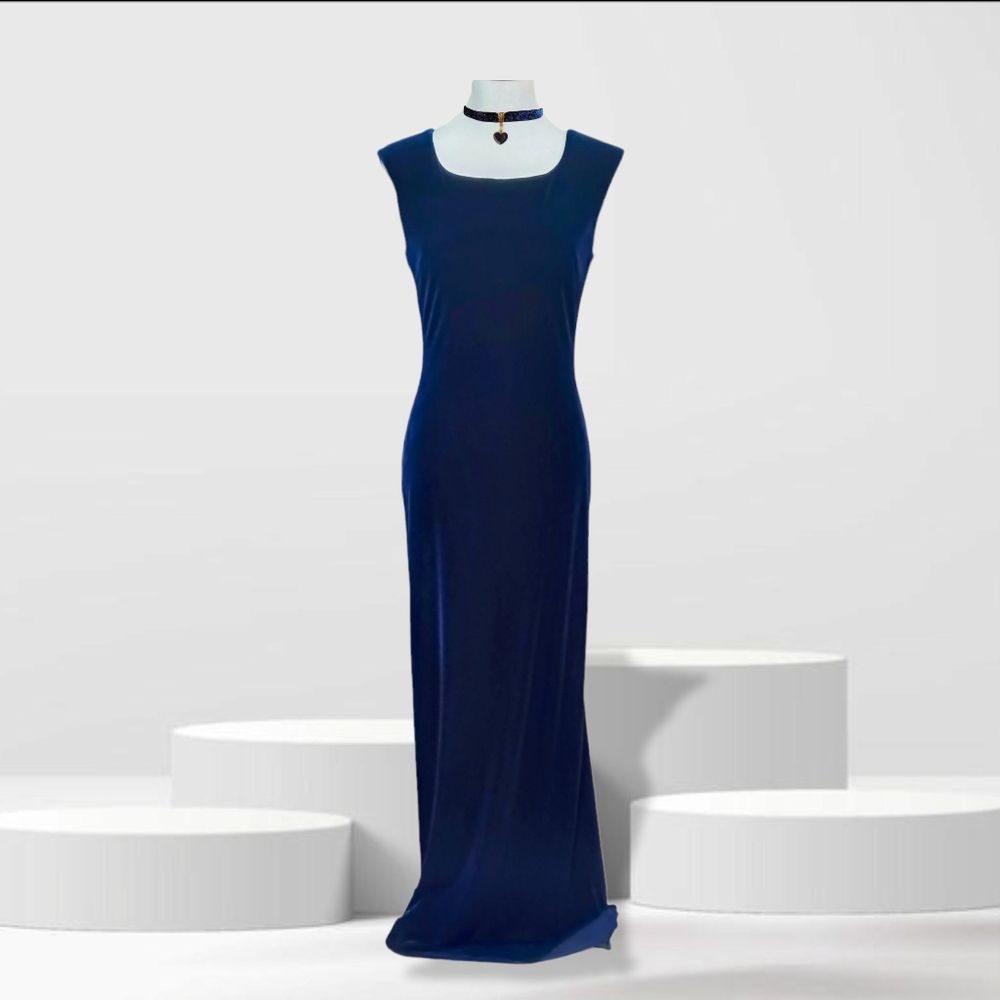 90s Deep Blue Velvet Sleeveless Prom Maxi